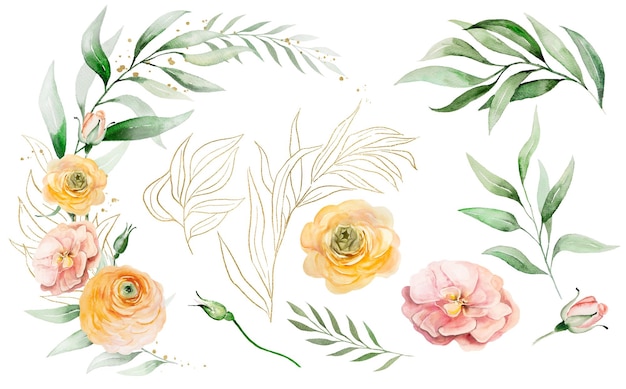 Mazzo con i fiori dell'acquerello arancioni e gialli e foglie verdi singoli elementi illustrazione