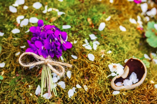 Mazzo dei fiori della foresta delle viole sul di muschio, vista superiore