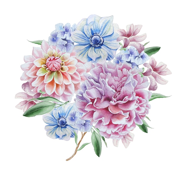 Mazzo dell'acquerello con fiori. Dalia. Anemone. Peonia. Disegnato a mano.