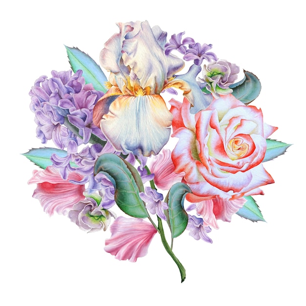 Mazzo dell'acquerello con fiori. Rosa. Iris. Giacinto. Illustrazione. Disegnato a mano.