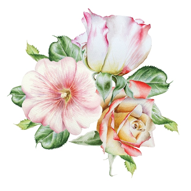 Mazzo dell'acquerello con fiori. Rosa. Malva. Illustrazione dell'acquerello. Disegnato a mano.