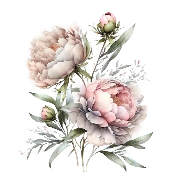 Mazzo dell'acquerello di belle peonie, illustrazione botanica. IA generativa