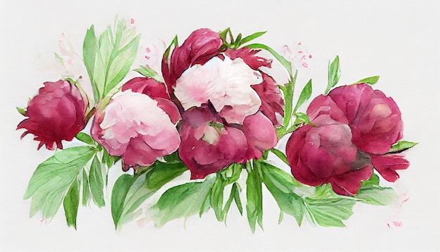 Mazzo di disegno ad acquerello di fiori rosa e bordeaux