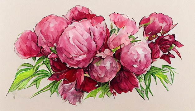 Mazzo di disegno ad acquerello di fiori rosa e bordeaux