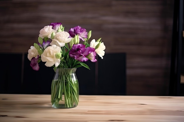 Mazzo di Eustoma in vaso semplice sulla tavola di legno