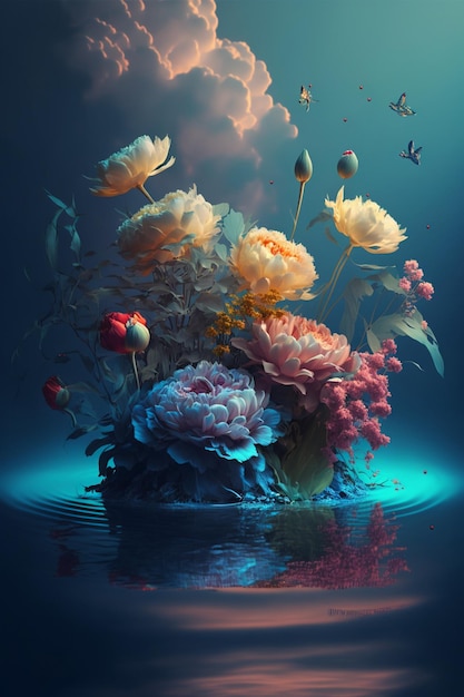Mazzo di fiori che galleggiano sopra uno specchio d'acqua generativo ai
