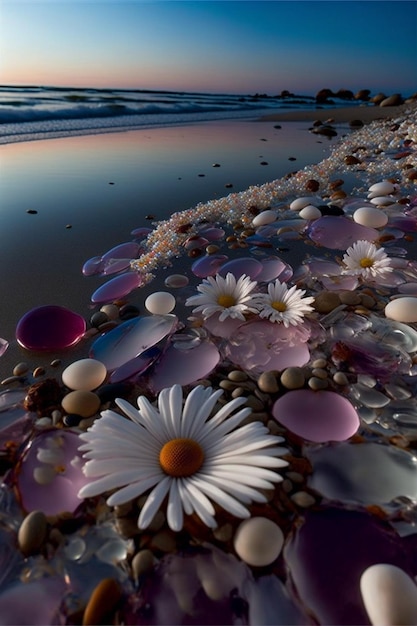 Mazzo di fiori che si siede in cima ad una spiaggia di sabbia ai generativa