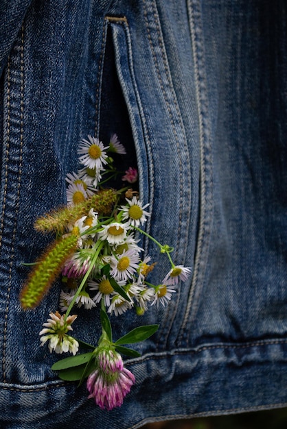 Mazzo di fiori di campo nella tasca di un denim