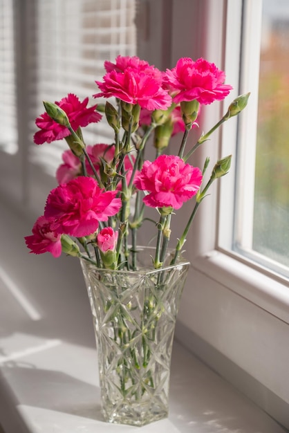 Mazzo di fiori di garofano rosa in vaso sul davanzale