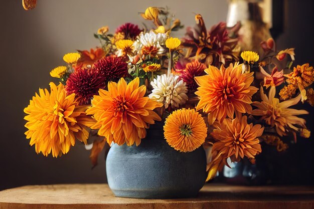 Mazzo di fiori estivi dalie arancioni e crisantemi in vaso blu sul tavolo