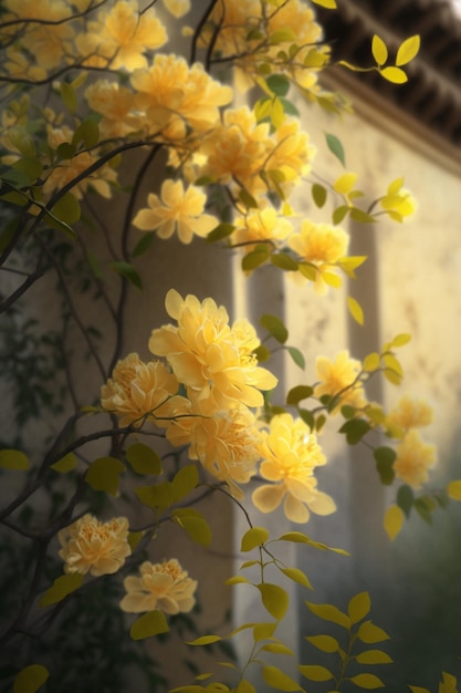 Mazzo di fiori gialli davanti a un edificio ai generativo