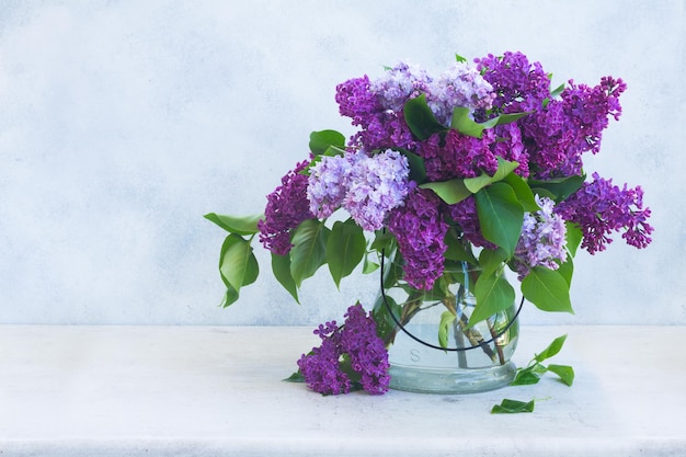 Mazzo di fiori lilla freschi in vaso su sfondo grigio