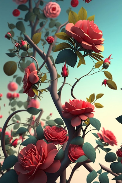Mazzo di fiori rossi che si siedono sopra un albero generativo ai