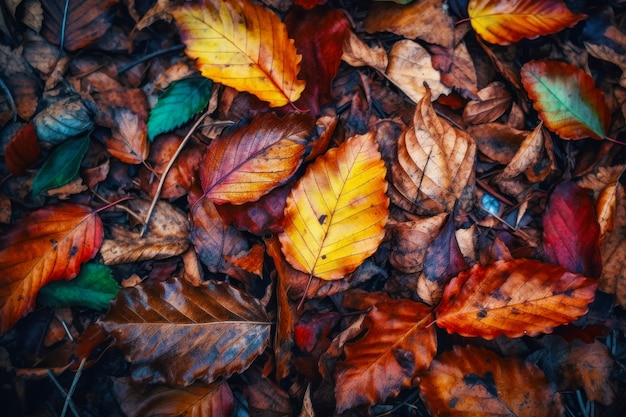 Mazzo di foglie stese a terra nelle foglie della foresta IA generativa