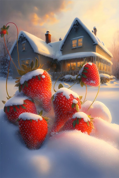 Mazzo di fragole coperte di neve davanti a una casa generativa ai