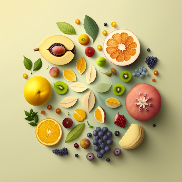 Mazzo di frutti diversi sono disposti in cerchio IA generativa