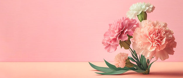Mazzo di garofano su sfondo rosa pastello con spazio di copia Concetto di illustrazione 3D per la cartolina d'auguri per la festa della mamma Banner formato grandangolare