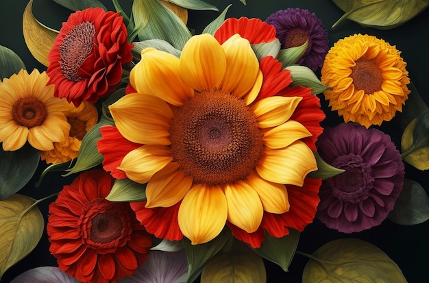 Mazzo di girasole realistico con fiori circostanti colorati