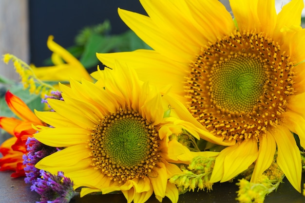 Mazzo di girasoli fiori cadono sul nero