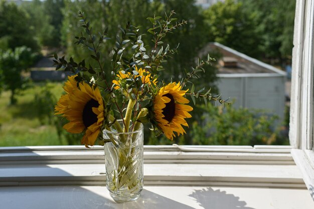 Mazzo di girasoli su un davanzale di legno bianco