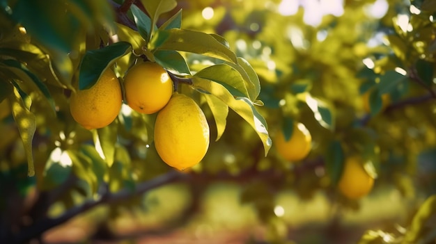 Mazzo di limoni maturi freschi su un ramo di limone in giardino soleggiato