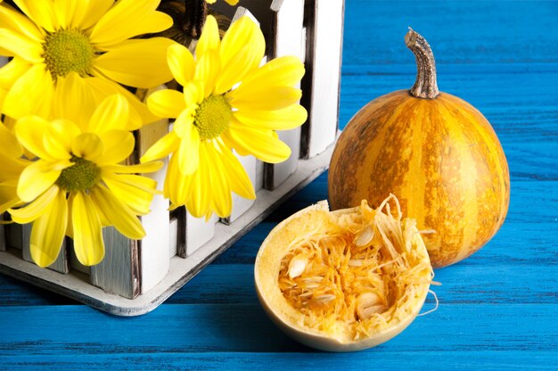 Mazzo di margherite gialle e zucca