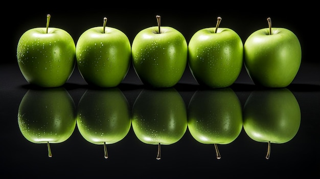 Mazzo di mele verdi sul tavolo specchiato
