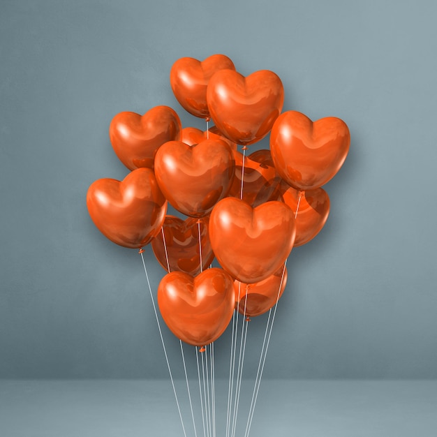 Mazzo di palloncini a forma di cuore arancione su uno sfondo grigio muro. Rendering di illustrazione 3D
