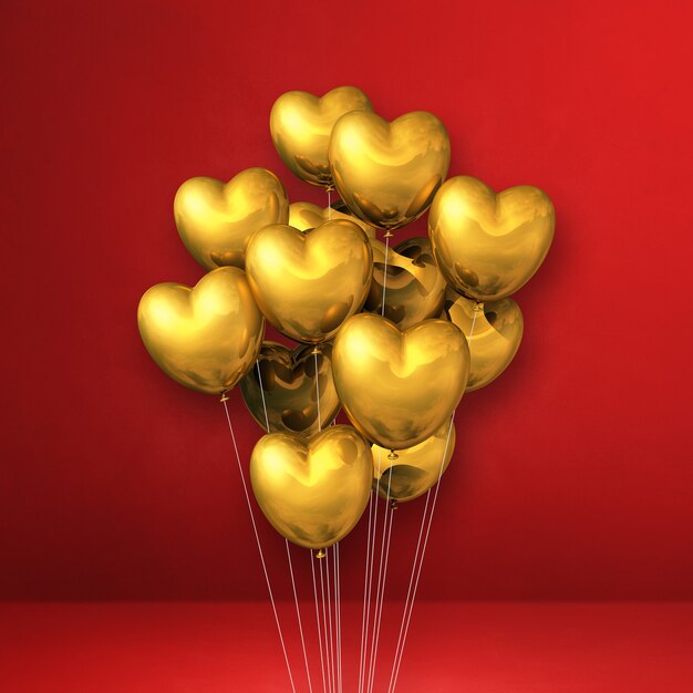 Mazzo di palloncini a forma di cuore d'oro su una parete rossa. Rendering di illustrazione 3D