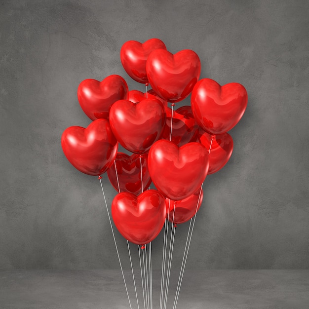 Mazzo di palloncini a forma di cuore rosso su un muro grigio. Rendering di illustrazione 3D