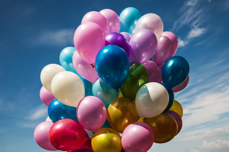 Foto mazzo di palloncini colorati su uno sfondo di cielo blu