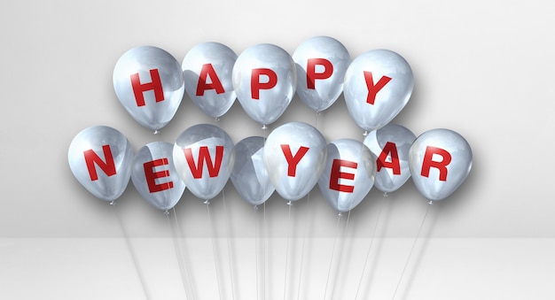 Mazzo di palloncini di felice anno nuovo su uno sfondo di cemento bianco. Bandiera orizzontale. Rendering di illustrazione 3D