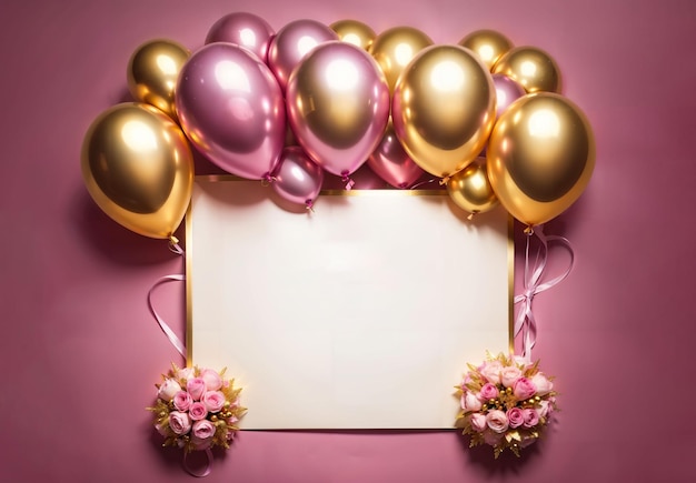 Mazzo di palloncini rosa e dorati lucidi su sfondo magenta Carta per anniversario compleanno weddi
