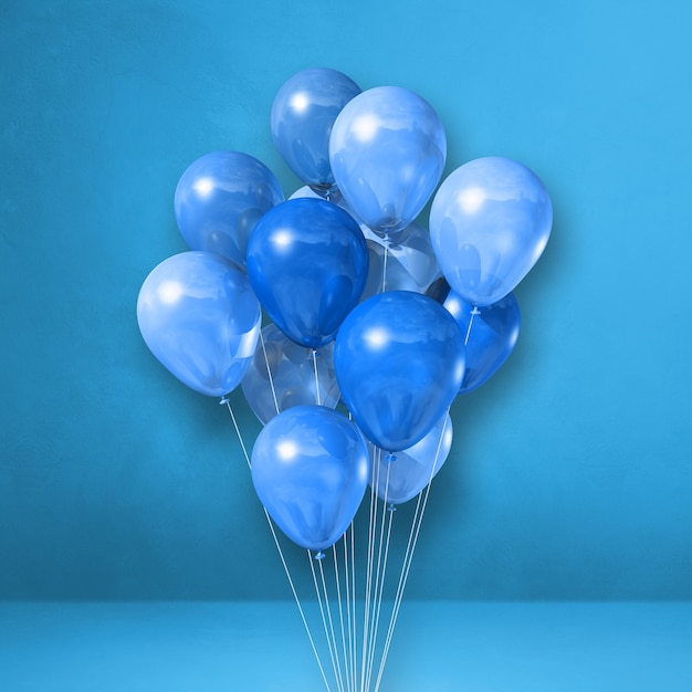 Mazzo di palloncini su uno sfondo di parete blu. Rendering di illustrazione 3D