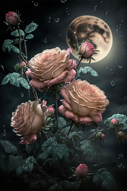 Mazzo di rose rosa davanti a una luna piena generativa ai
