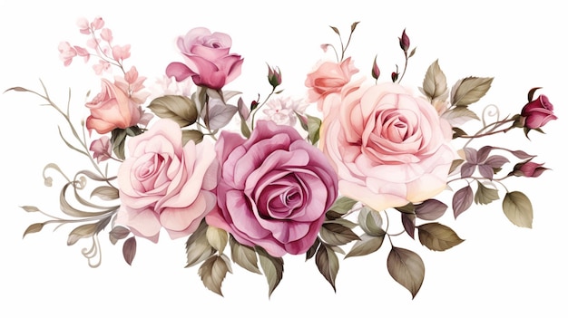 Mazzo di rose rosa dipinto ad acquerello su sfondo bianco per una deliziosa decorazione floreale
