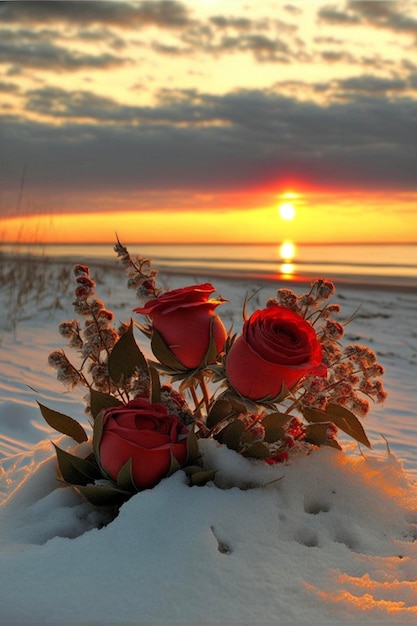 Mazzo di rose rosse che si siedono nella neve ai generativa