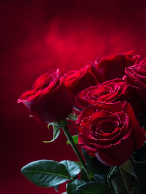 Mazzo di rose rosse davanti al backround rosso di San Valentino.