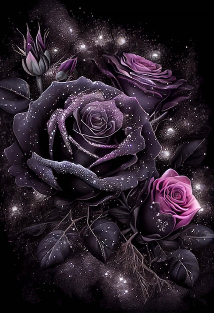 Mazzo di rose viola su sfondo nero ai generativo
