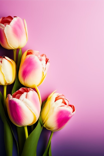 Mazzo di tulipani rosa e gialli su sfondo rosa con spazio per il testo IA generativa
