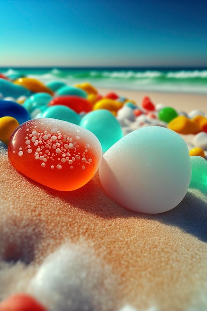Mazzo di uova di gelatina che si siedono in cima a una spiaggia di sabbia ai generativa