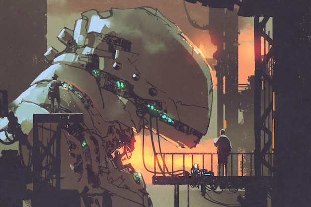 meccanica che ripara il robot gigante in fabbrica, pittura illustrativa