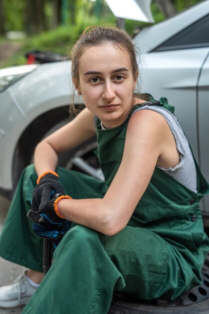 Meccanica donna incredibilmente bella in tuta verde in guanti speciali preoccupata per i lavori di riparazione dell'auto Concetto meccanico Concetto di riparazione auto