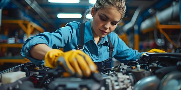 Meccanica femminile in tuta blu che effettua la riparazione del motore dell'auto in garage concetto Meccanica donna in tuta blu riparazione dell'auto riparazione motore del garage