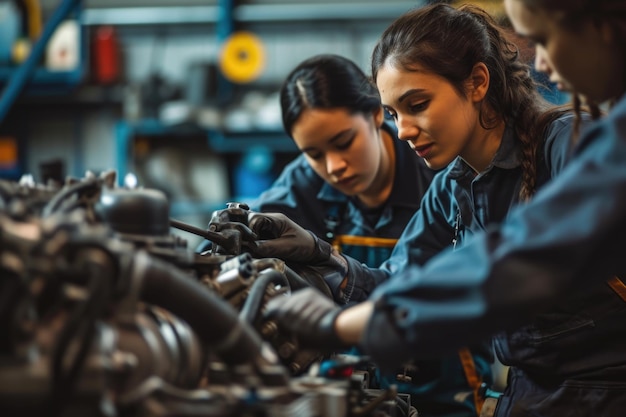 Meccaniche che riparano il motore in officina