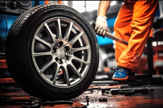 meccanici di auto che lavorano per cambiare le gomme in un garage di un'officina di riparazione automobilistica