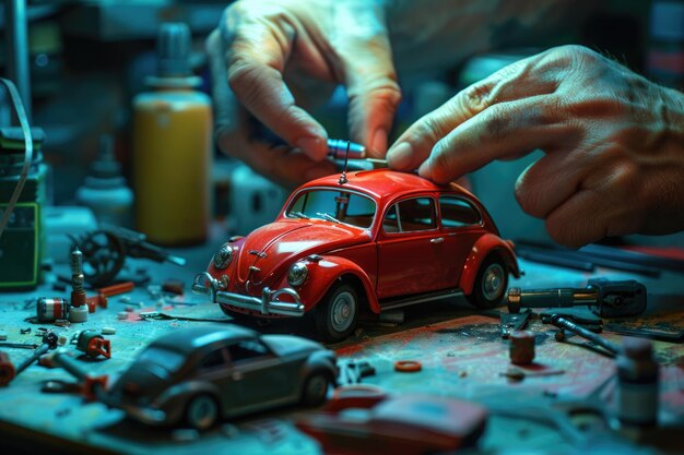 Meccanici in miniatura che riparano l'auto giocattolo concetto dell'officina