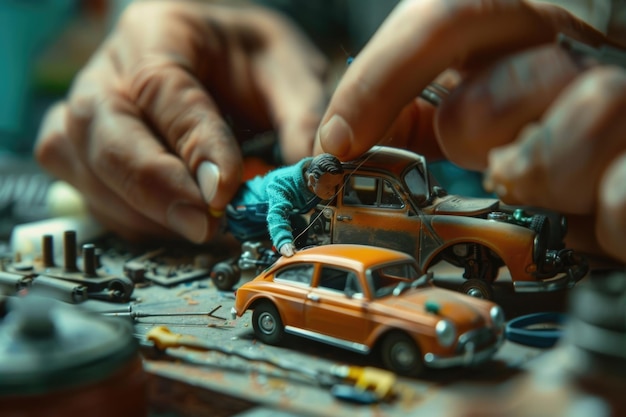 Meccanici in miniatura che riparano l'auto giocattolo concetto dell'officina