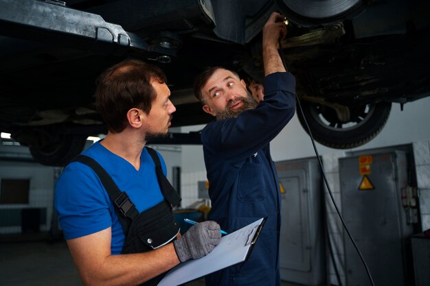 Meccanici maschi che lavorano insieme all'auto nel negozio