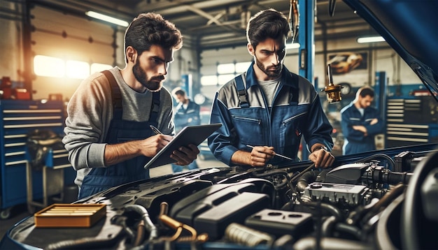 Meccanici professionisti che lavorano su un'auto in un negozio di riparazione automobilistica